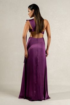 Purple one shoulder gown featuring side cuts with tie up on shoulder and waist. - Aza Fashions Floor-length Tie Back Gown For Gala, Elegant Side Open Fitted Dress, Elegant Fitted Side Open Dress, Elegant Fitted Dress With Side Open, Floor-length Bridesmaid Gown With Back Opening, Fitted Evening Dress With Side Open Design, Fitted Evening Dress With Side Open, Backless Wedding Gown With Side Slits, Gowns Purple