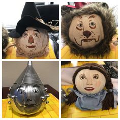 four pictures of different types of pumpkins with faces painted on them, including one wearing a witch hat and the other wearing a wizard's costume