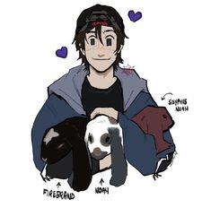 a drawing of a man holding a dog and wearing a jacket with hearts on it