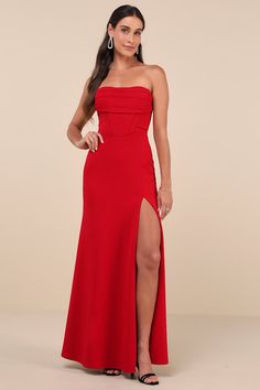 Spellbinding Allure Red Bustier Strapless Mermaid Maxi Dress Strapless Red Dress Long, Strapless Red Prom Dress, Burnt Orange Prom Dress, Red Strapless Prom Dress, Red Bridesmaid Dress, Mermaid Maxi Skirt, Maxi Dress Strapless, Red Formal Dresses, Orange Prom Dresses