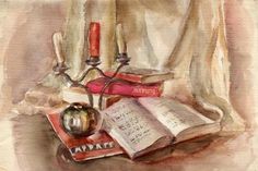 a painting of an open book and two candles