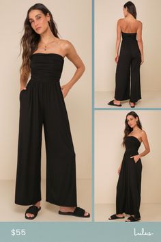 From casual occasions to upscale events, the LUSH Flirty Posture Black Jersey Knit Strapless Jumpsuit is ready for anything! Soft and stretchy jersey knit shapes this covetable jumpsuit that has a strapless bodice with a straight neckline. Flattering ruched details at the sides continue down to a fitted waist. Wide legs have side-seam pockets and end at full-length hems. Fit: This garment fits true to size. Length: Floor length. Size medium measures 48.5" from top to bottom. Inseam: 28.00 Front Elegant Strapless Jumpsuits And Rompers For Day Out, Versatile Fitted Jumpsuits For Night Out, Versatile Fitted Jumpsuits And Rompers For Night Out, Casual Solid Strapless Jumpsuit For Night Out, Chic Fitted Strapless Jumpsuit For Loungewear, Black Bandeau Jumpsuits And Rompers For Spring, Casual Stretch Strapless Jumpsuit For Party, Casual Strapless Stretch Jumpsuits And Rompers, Strapless Casual Jumpsuits For Night Out