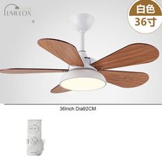 the ceiling fan has three wooden blades and two light bulbs on each side of it