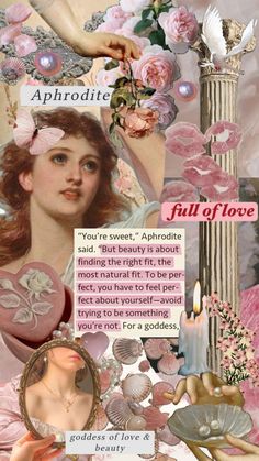 a collage with pink flowers, pearls and other things in the background that include a woman's face