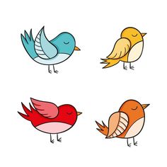 four colorful birds sitting on top of each other