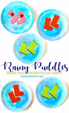 paper plate crafts for rainy puddles with the words rain, watercolor craft on them