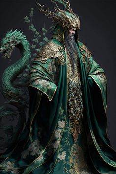 a man dressed in green and gold standing next to a dragon