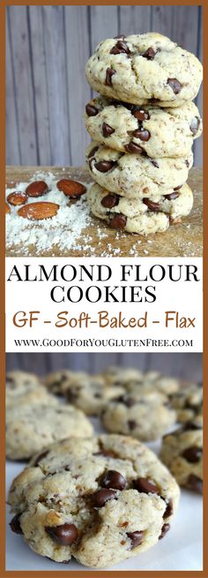 almond flour cookies stacked on top of each other with the words gf soft - baked flax