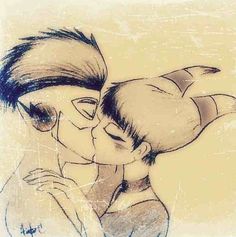 a drawing of a man kissing a woman's forehead with glasses on her head