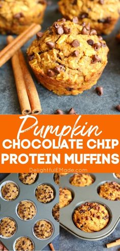 pumpkin chocolate chip protein muffins in a muffin tin with cinnamon sticks on the side