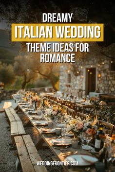 a long table set up with plates and wine glasses on it, in front of a stone building