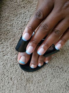 Baby Blue Pedicure Toes, French Tips On Toes, French Tips Pedicure, Baby Blue French Tip Nails, Baby Blue French Tips, Blue Pedicure, French Tip Pedicure, French Tip Gel, Blue Toe Nails