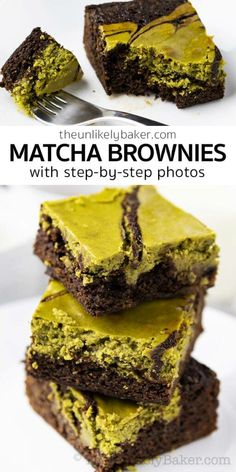 chocolate brownies with matcha - step - by - step photos are stacked on top of each other