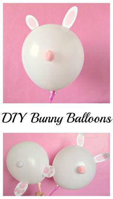 two balloons with bunny ears on them and the words diy bunny balloons above it