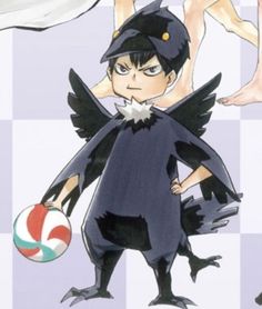 an anime character holding a ball in his hand and wearing a black outfit with wings