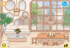 a cartoon living room with furniture and plants on the table in front of large windows