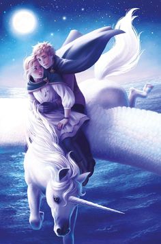 a man riding on the back of a white unicorn