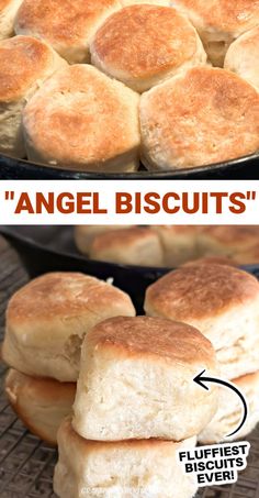 a pan filled with biscuits and the words angel biscuits on it's side