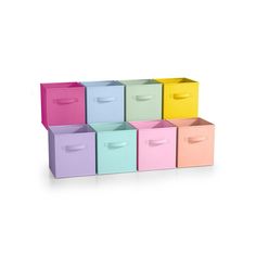 multicolored storage boxes with handles on each side