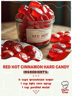 red hot cinnamon hard candy in a glass jar with instructions on how to make it