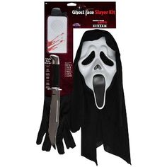 ghost face costume with black gloves and knife