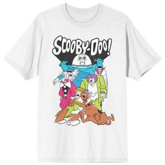 the scooby - doo cartoon t - shirt is white with black lettering on it