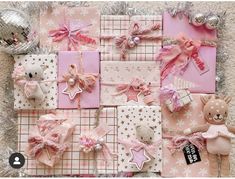 a bunch of pink and white wrapping paper with teddy bears, stars and bows on them