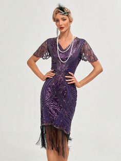 1pc 1920s Vintage Sequins & Tassel Hemline Fitted Cocktail Dress Elegant Prom Semi Formal Wedding Guest Dress, For Birthday, Graduation, Dinner, Homecoming Purple   Short Sleeve Polyester Plain,All Over Print Bodycon,Fitted Slight Stretch  Weddings & Events, size features are:Bust: ,Length: ,Sleeve Length: Women Cocktail Dresses, Gatsby Dresses, 20s Fashion Dresses, Style Année 20, Lace Prom Gown, Cocktail Dress Elegant, Glamorous Dress, 20s Style, Robes Glamour