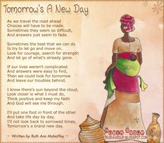 a woman in a colorful dress standing next to some baskets and bottles with the words tomorrow's a new day written on it