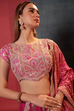 Buy Pink Pure Georgette Embroidery Gota Round Neck Placement Lehenga Set For Women by Bandhani Online at Aza Fashions. Reception Unstitched Chinon Choli, Dola Silk Choli With Unstitched Blouse For Reception, Dola Silk Sharara With Unstitched Blouse For Reception, Unstitched Choli With Intricate Embroidery, Unstitched Sharara With Blouse For Navratri Reception, Mirror Work Choli For Diwali, Diwali Mirror Work Choli, Chinon Choli With Mirror Work, Unstitched Choli For Eid Reception