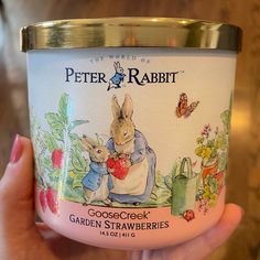 a hand holding a jar of peter rabbit goose creek garden strawberries