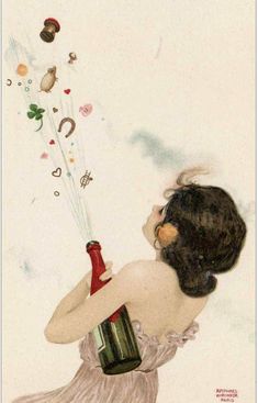 a painting of a woman holding a wine bottle and blowing the bubbles out of it