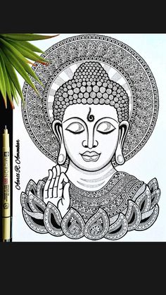 a drawing of buddha with his eyes closed and hands clasped in front of him, surrounded by crayons