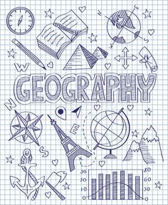 the word geography surrounded by hand drawn symbols on a sheet of exercise book lined with graph paper