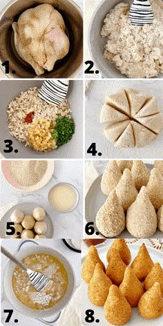 the steps to making dumplings are shown in different stages, including doughnuts and other ingredients