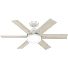 a white ceiling fan with two wooden blades and a light fixture on the top of it