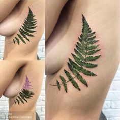 three pictures of different types of tattoos on women's butts, one with green leaves and the other with purple flowers