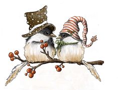 two birds sitting on top of a branch with berries and an elf's hat