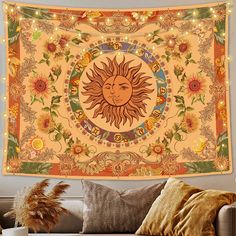 PRICES MAY VARY. ❤Material: Polyester. Dimension: 36''high × 48''wide, 50''high × 60''wide, 60''high × 80''wide, 70.8''high × 90.6''wide. ❤Decorative: The orange burning sun floral tapestry adopts a unique design, whether the wall tapestry is used as a bedroom tapestry or a living room tapestry, it can make you feel comfortable and enhance your aesthetics. Your guests will praise your choice. ❤High Quality: The sunflowers tapestry has clear prints, rich colors, soft and skin-friendly material, a Indie Tapestry, Constellation Tapestry, Yellow Tapestry, Constellation Wall Art, Living Room Tapestry, Sun And Moon Tapestry, Funny Tapestry, Tapestry Vintage, Dorm Living Room