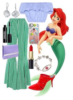 the little mermaid is dressed in green and white striped pants, red high heeled shoes,