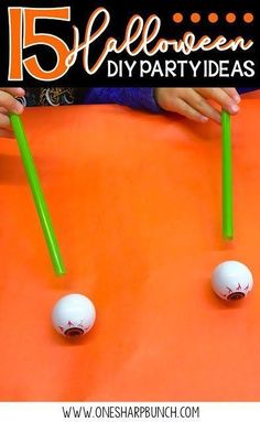 kids are playing with golf balls and tees on an orange sheet that says 15 halloween diy party ideas