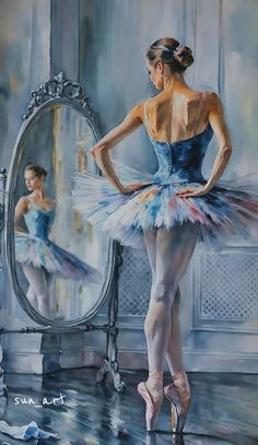 a painting of a ballerina in front of a mirror