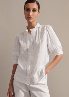 Cheesecloth Blouse | ME+EM Effortless Cotton Blouse For Daywear, Spring Layering Cotton Blouse, Chic Cotton Shirt For Layering, Fitted Versatile Tops For Daywear, Chic Relaxed Fit Blouse, Versatile Fitted Blouse For Daywear, Versatile Short Sleeve Blouse For Daywear, White Fitted Effortless Tops, Versatile Relaxed Fit Blouse For Layering