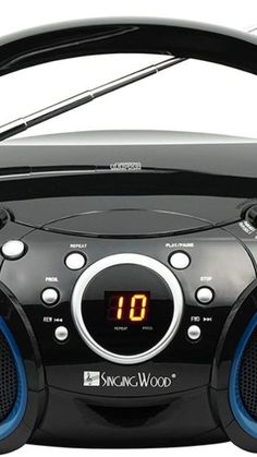 an alarm clock radio is shown with the time on it's display and blue trims