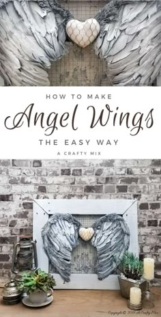 an angel wings painting next to a brick wall