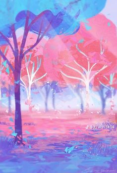 an abstract painting of trees with blue and pink colors