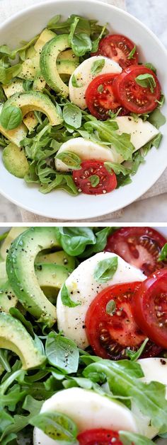 two plates filled with different types of salads on top of each other and topped with avocado