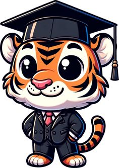 a cartoon tiger wearing a graduation cap and suit with a tassel on it's head