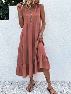 Redwood Casual Collar Sleeveless Fabric Plain Smock Embellished Non-Stretch  Women Clothing Vintage Floral Top, Smocked Dresses, Ruffle Midi Dress, Sleeveless Long Dress, Midi Dress Casual, Midi Dress Summer, Vestido Casual, Summer Style Casual, Draped Dress