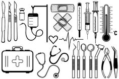 medical equipment and tools are shown in this black and white image